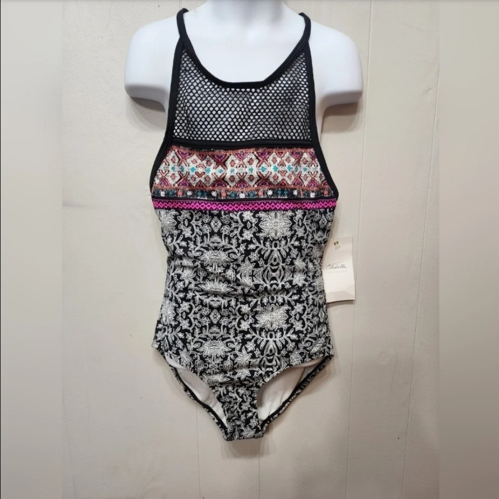 NWT Clarabella Turquoise Swimsuit Small Black White One-Piece Beach C369